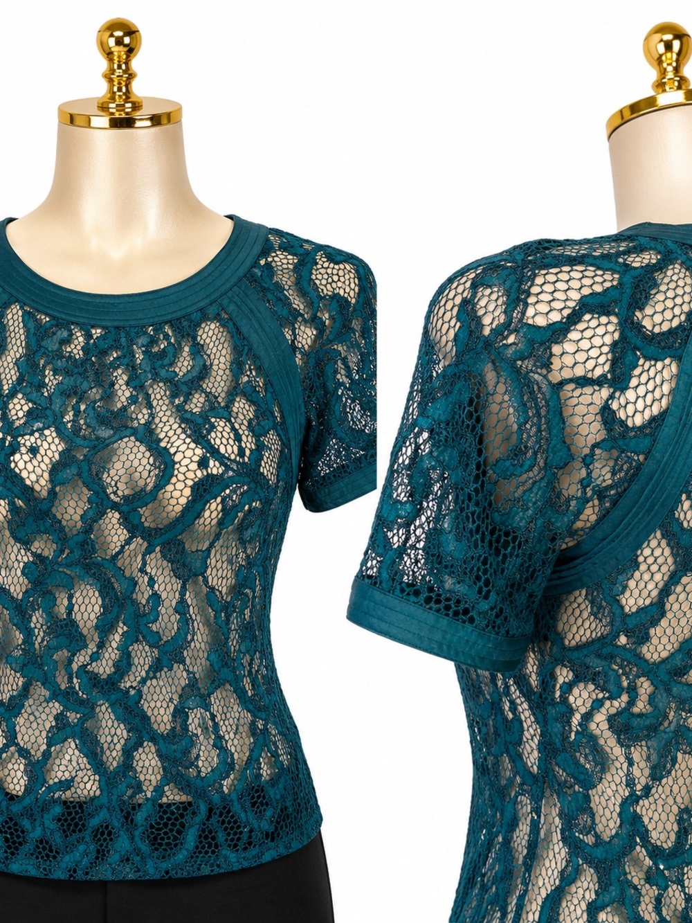 Dynamite Teal Lace Blouse Size S Sheer Short Sleeve Top - Picture 4 of 5